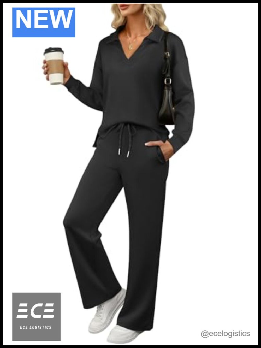 2 Piece Lounge Sweat Set Wide Leg Pants V-Neck Athleisure